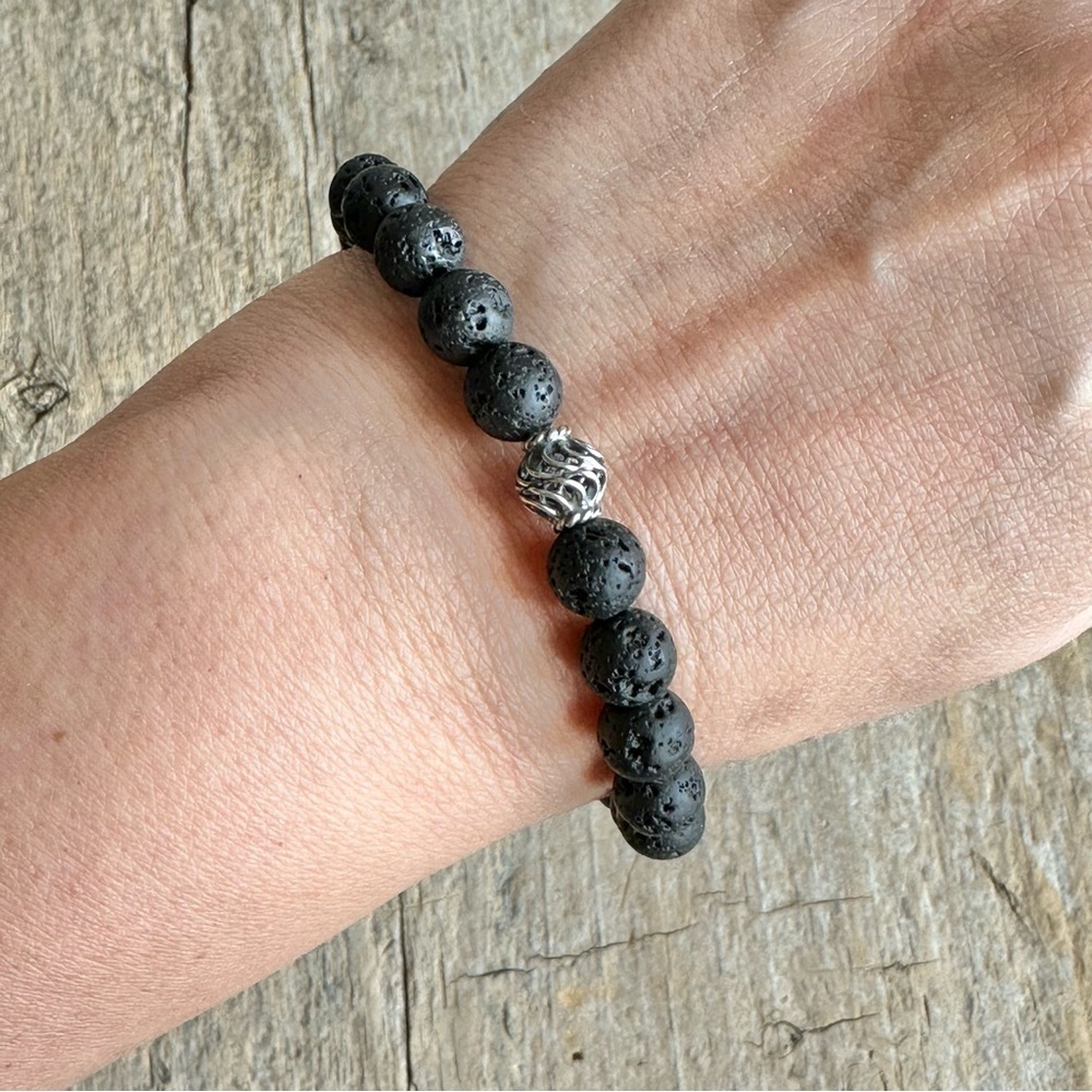 Black Lava Stone Stretch Bracelet Sterling Silver Accent Bead Unisex - 8mm Beads